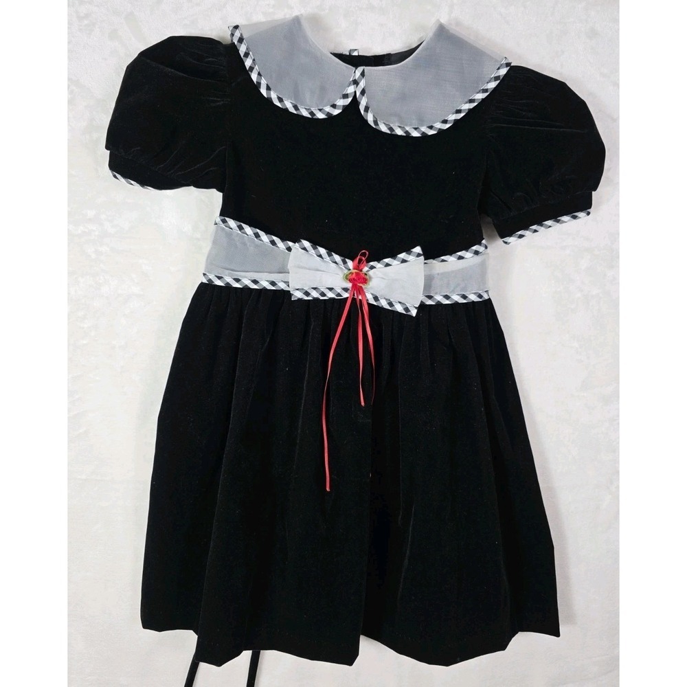 Vintage 1990s Playclothes Black Velvet Girls Dress Size 5 USA Puff Sleeve